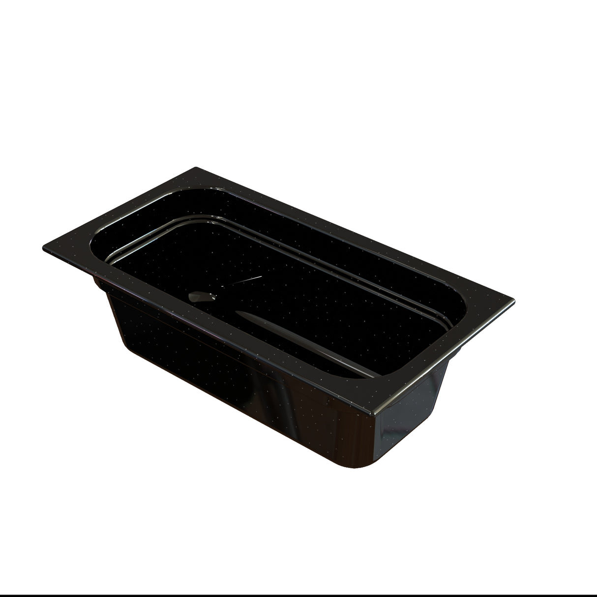 A shiny, black, rectangular food pan with rounded interior corners and a flat rim around the top edge, ideal for cold holding. The pan appears empty and is angled to show depth and reflection on its surface, isolated on a white background.