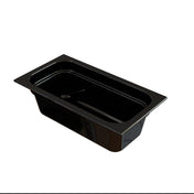 A shiny, black, rectangular food pan with rounded interior corners and a flat rim around the top edge, ideal for cold holding. The pan appears empty and is angled to show depth and reflection on its surface, isolated on a white background.