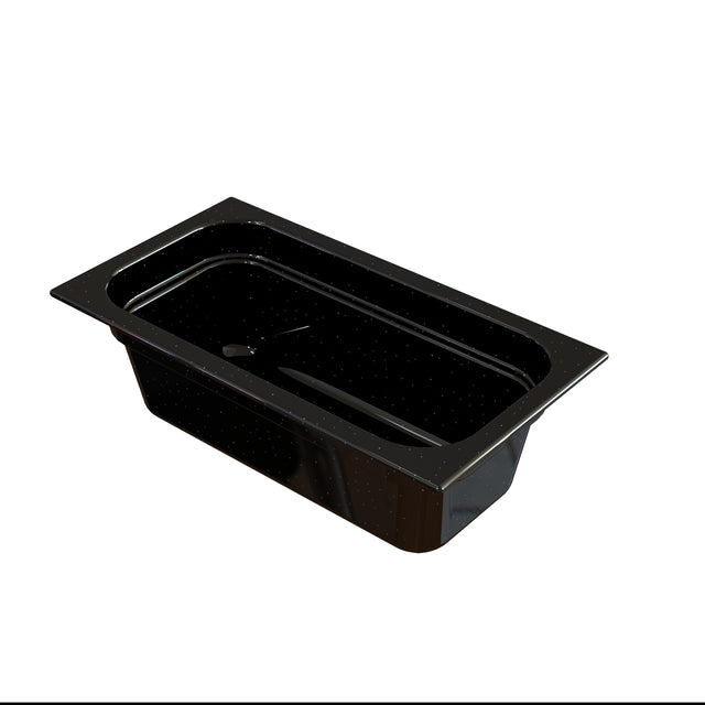 A shiny, black, rectangular food pan with rounded interior corners and a flat rim around the top edge, ideal for cold holding. The pan appears empty and is angled to show depth and reflection on its surface, isolated on a white background.