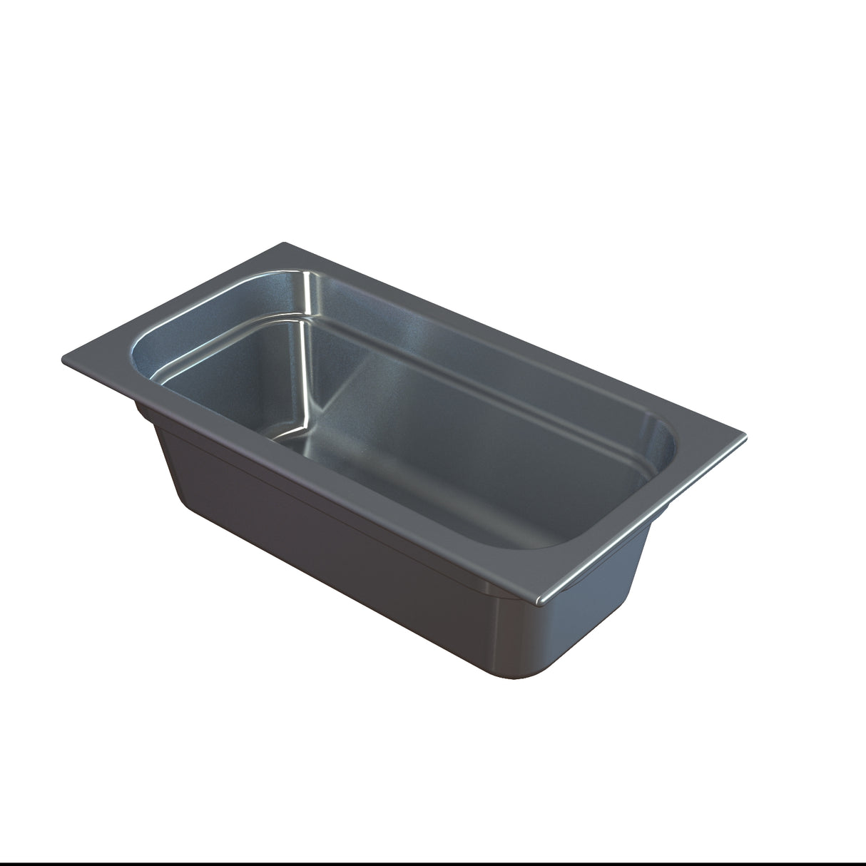 A rectangular steam table pan with rounded corners and a shallow depth, often used in commercial kitchens or buffets. Made of stainless steel, it features a wide flat rim and is ideal for cold holding, sitting on a white background.