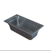 A rectangular steam table pan with rounded corners and a shallow depth, often used in commercial kitchens or buffets. Made of stainless steel, it features a wide flat rim and is ideal for cold holding, sitting on a white background.