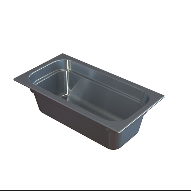 A rectangular steam table pan with rounded corners and a shallow depth, often used in commercial kitchens or buffets. Made of stainless steel, it features a wide flat rim and is ideal for cold holding, sitting on a white background.