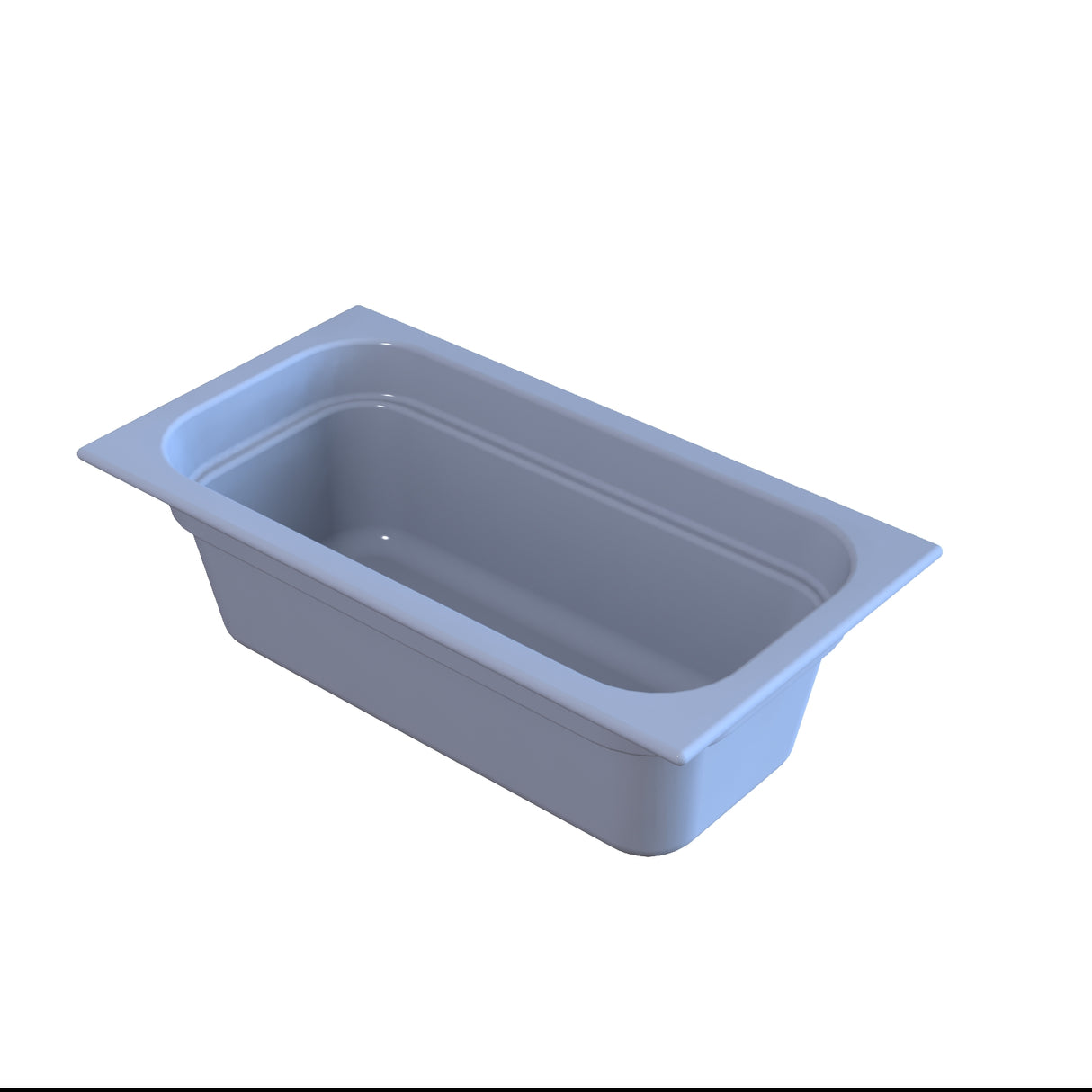 A rectangular, light blue plastic food pan is shown on a white background. Designed for cold holding, the pan features rounded inner corners, a smooth surface, and a wide rim around the top edge. It appears empty and is viewed from a slightly elevated angle.