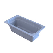 A rectangular, light blue plastic food pan is shown on a white background. Designed for cold holding, the pan features rounded inner corners, a smooth surface, and a wide rim around the top edge. It appears empty and is viewed from a slightly elevated angle.