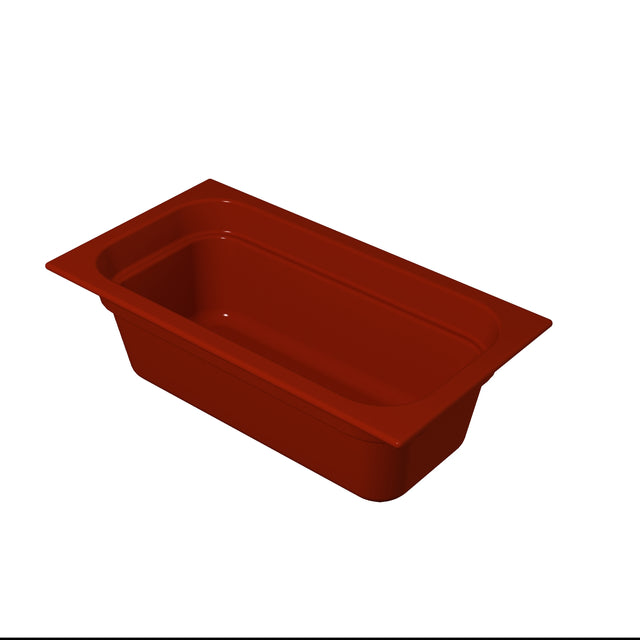 A deep, rectangular, reddish-brown food pan with rounded corners and a wide rim is shown on a white background. The empty pan is angled to display its depth and inner contours, making it ideal for cold holding applications.