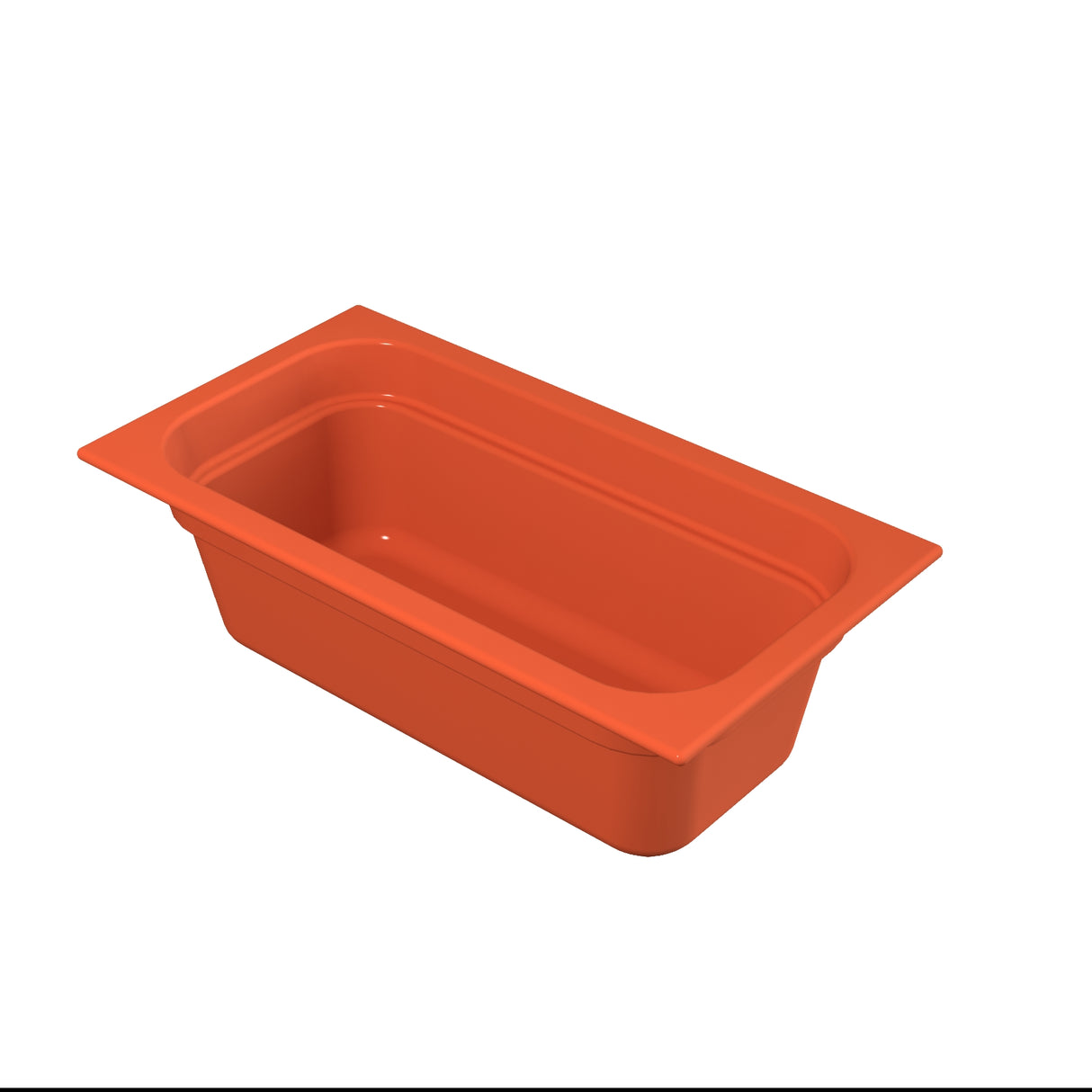 A rectangular, deep, orange food pan with rounded corners and a wide rim, shown on a white background. The empty pan is positioned at an angle, displaying its interior and depth—ideal for cold holding applications.