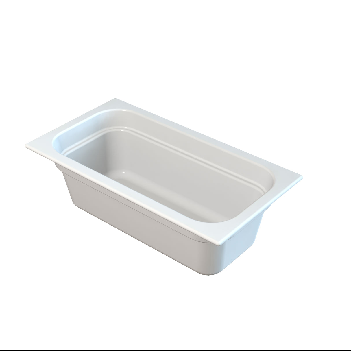 A rectangular, white food pan with deep plastic sides, rounded interior edges, and a wide rim. The empty pan is isolated on a white background and viewed at an angle from above—ideal for cold holding applications.