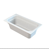A rectangular, white food pan with deep plastic sides, rounded interior edges, and a wide rim. The empty pan is isolated on a white background and viewed at an angle from above—ideal for cold holding applications.