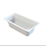 A rectangular, white food pan with deep plastic sides, rounded interior edges, and a wide rim. The empty pan is isolated on a white background and viewed at an angle from above—ideal for cold holding applications.