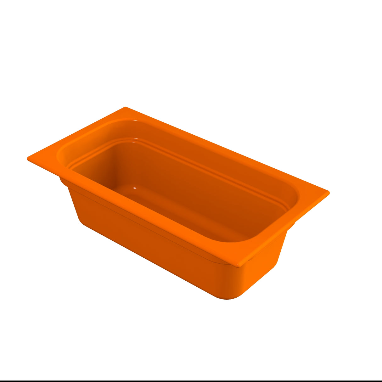 A rectangular, deep orange Food Pan with a smooth surface and flared rim, shown angled on a white background. The pan appears empty and is designed for food service or storage, ideal for cold holding applications.