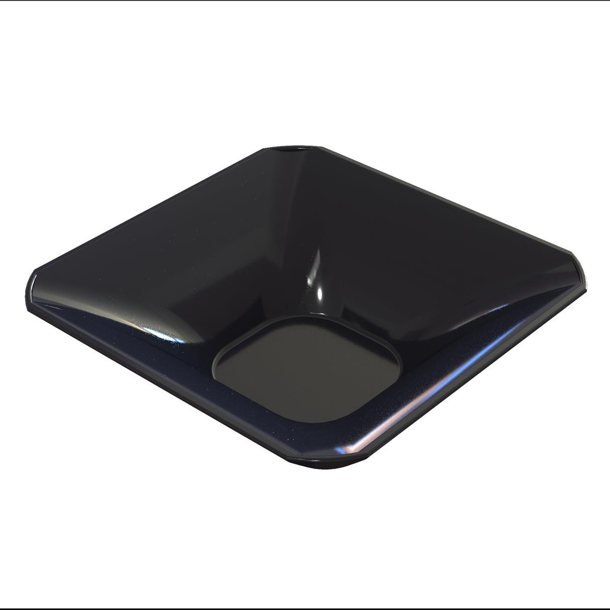 A glossy, black, square-shaped cold holding bowl with sloping sides and a shallow, square indentation in the center. The surface is smooth and reflective, with slightly rounded corners, and appears to be made of plastic or ceramic.