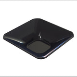 A glossy, black, square-shaped cold holding bowl with sloping sides and a shallow, square indentation in the center. The surface is smooth and reflective, with slightly rounded corners, and appears to be made of plastic or ceramic.