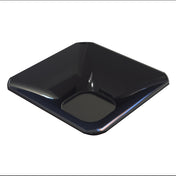 A glossy, black, square-shaped cold holding bowl with sloping sides and a shallow, square indentation in the center. The surface is smooth and reflective, with slightly rounded corners, and appears to be made of plastic or ceramic.