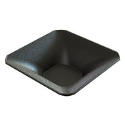 A square, black, speckled cast aluminum bowl with gently sloping sides and rounded corners. This dishwasher safe bowl has a shallow depth, glossy finish, and subtle white specks, resembling ceramic or enamelware.