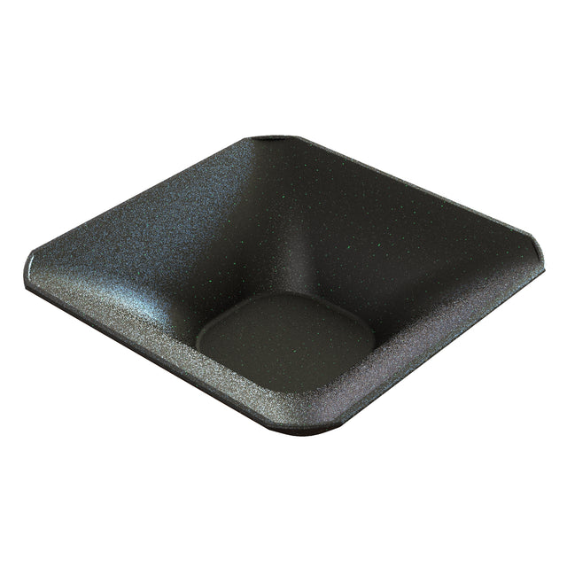 A square, black, speckled cast aluminum bowl with gently sloping sides and rounded corners. This dishwasher safe bowl has a shallow depth, glossy finish, and subtle white specks, resembling ceramic or enamelware.