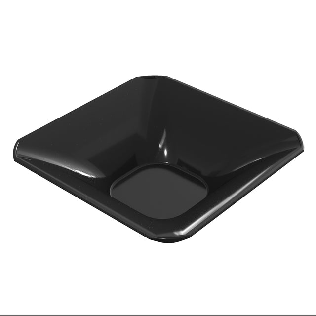 A shiny, black, square-shaped cast aluminum bowl with sloped sides and a small circular drain at one corner sits on a white background. The modern cold holding bowl features smooth surfaces and rounded edges.