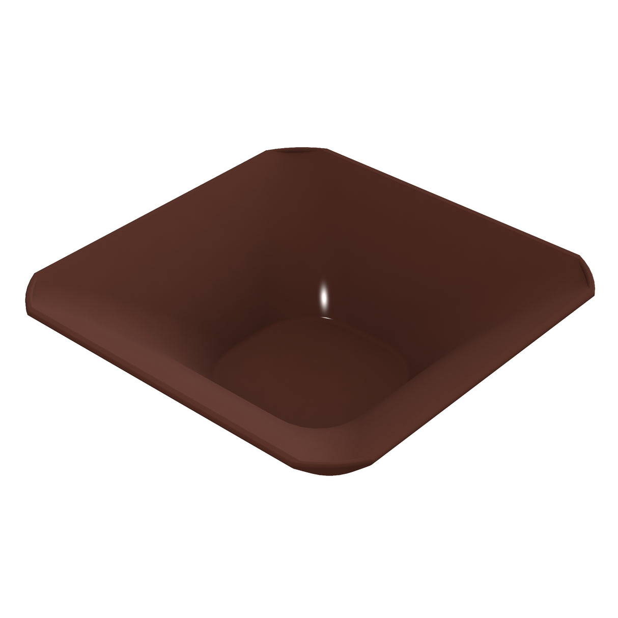 A 3D-rendered image of a square-shaped, deep brown cast aluminum bowl with slightly sloped sides and rounded corners, set against a plain white background. The smooth, flat-based bowl appears empty, clean, and is dishwasher safe.