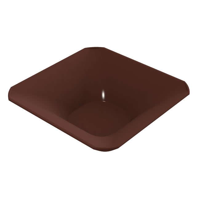 A 3D-rendered image of a square-shaped, deep brown cast aluminum bowl with slightly sloped sides and rounded corners, set against a plain white background. The smooth, flat-based bowl appears empty, clean, and is dishwasher safe.
