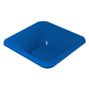 A blue, square-shaped, deep cast aluminum bowl with rounded edges and a smooth, glossy surface. The image is rendered digitally from a slightly elevated angle, clearly displaying the interior depth of this dishwasher safe bowl.
