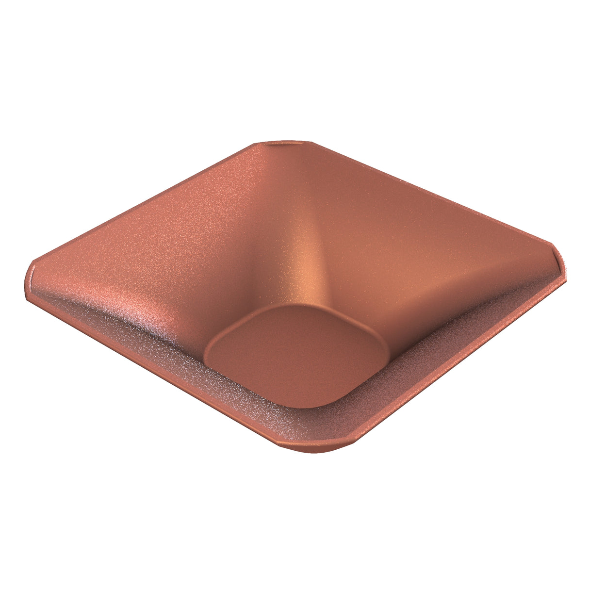A square, shallow cast aluminum bowl with smooth, sloping sides and a matte copper finish. The cold holding bowl has rounded corners and a soft sheen, reflecting light subtly across its seamless interior and gently curved edges.
