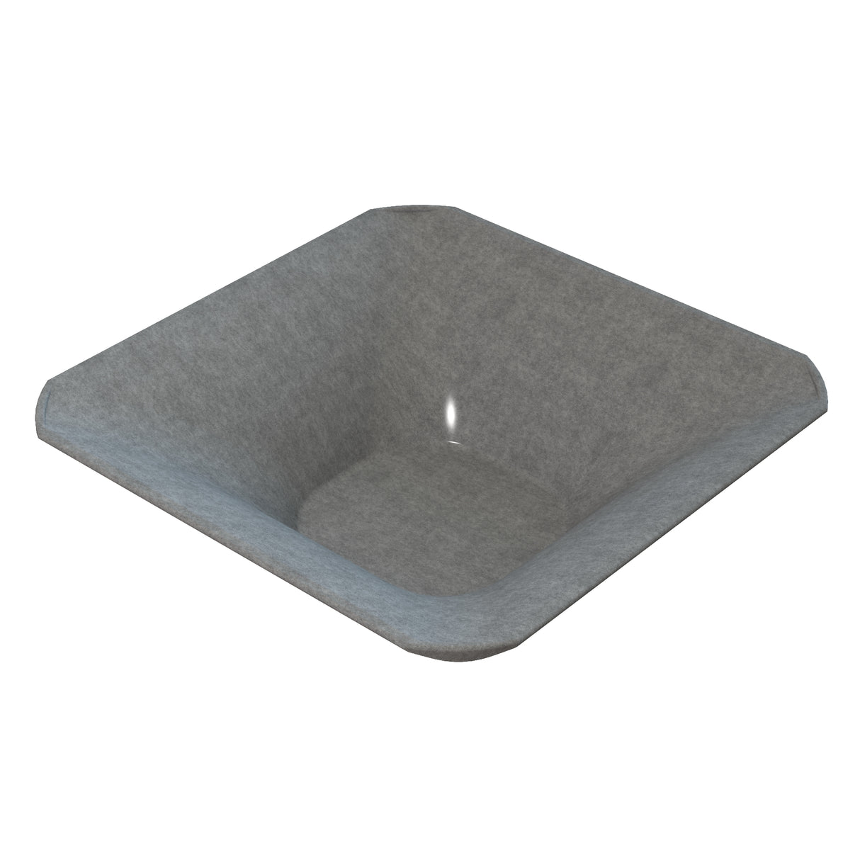 A square, shallow, gray cast aluminum bowl with sloped sides and rounded corners, made of a textured material that resembles recycled paper or molded fiber. The bowl is empty and viewed from an elevated angle, highlighting its depth and simple design.