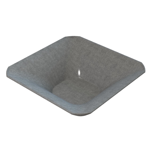 A square, shallow, gray cast aluminum bowl with sloped sides and rounded corners, made of a textured material that resembles recycled paper or molded fiber. The bowl is empty and viewed from an elevated angle, highlighting its depth and simple design.