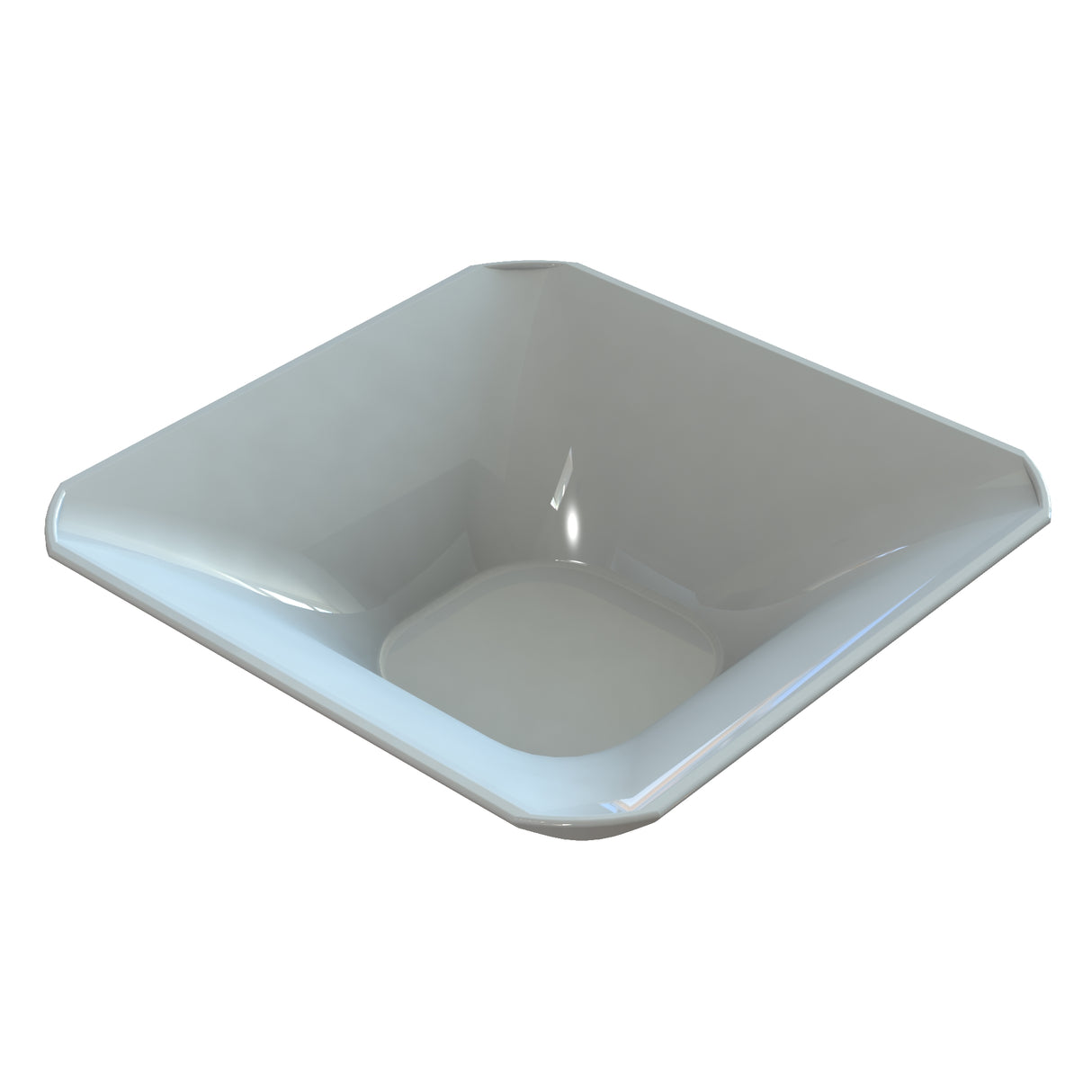 A shiny, transparent, square-shaped dishwasher safe bowl with slightly rounded corners and gently sloping sides. The empty bowl sits on a plain white background, its smooth surface reflecting light to highlight its glass or clear plastic material.