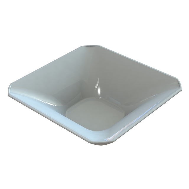 A shiny, transparent, square-shaped dishwasher safe bowl with slightly rounded corners and gently sloping sides. The empty bowl sits on a plain white background, its smooth surface reflecting light to highlight its glass or clear plastic material.