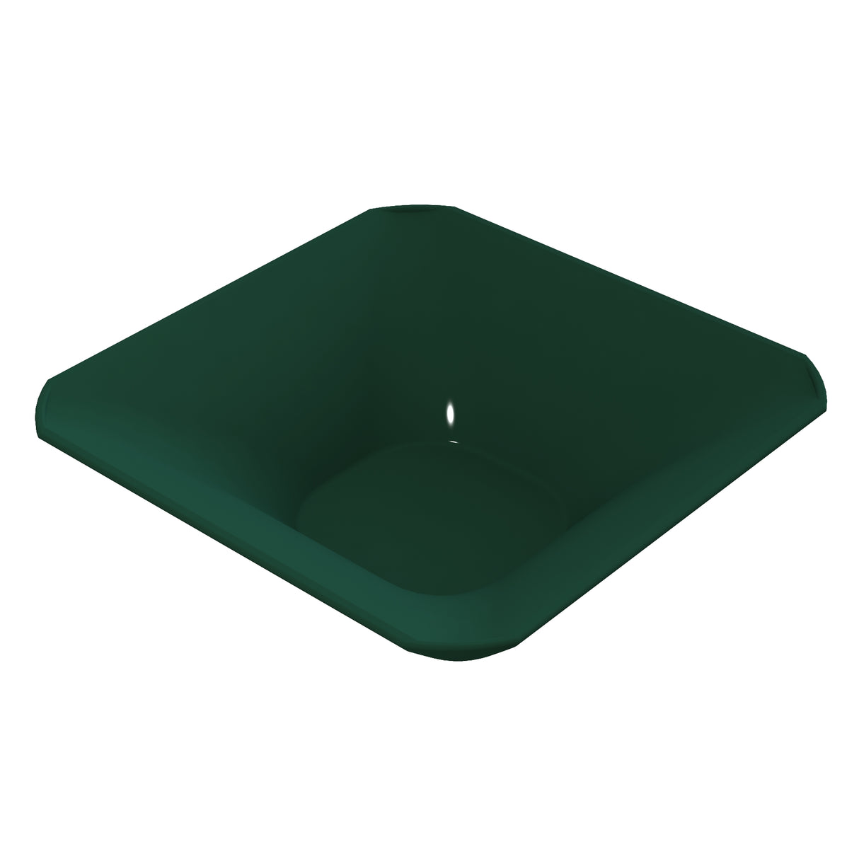 A dark green, square-shaped cast aluminum bowl with rounded corners and smooth edges, shown on a white background and viewed from above, highlighting its depth, glossy surface, and cold holding capabilities.
