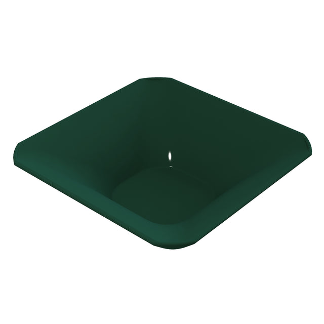A dark green, square-shaped cast aluminum bowl with rounded corners and smooth edges, shown on a white background and viewed from above, highlighting its depth, glossy surface, and cold holding capabilities.