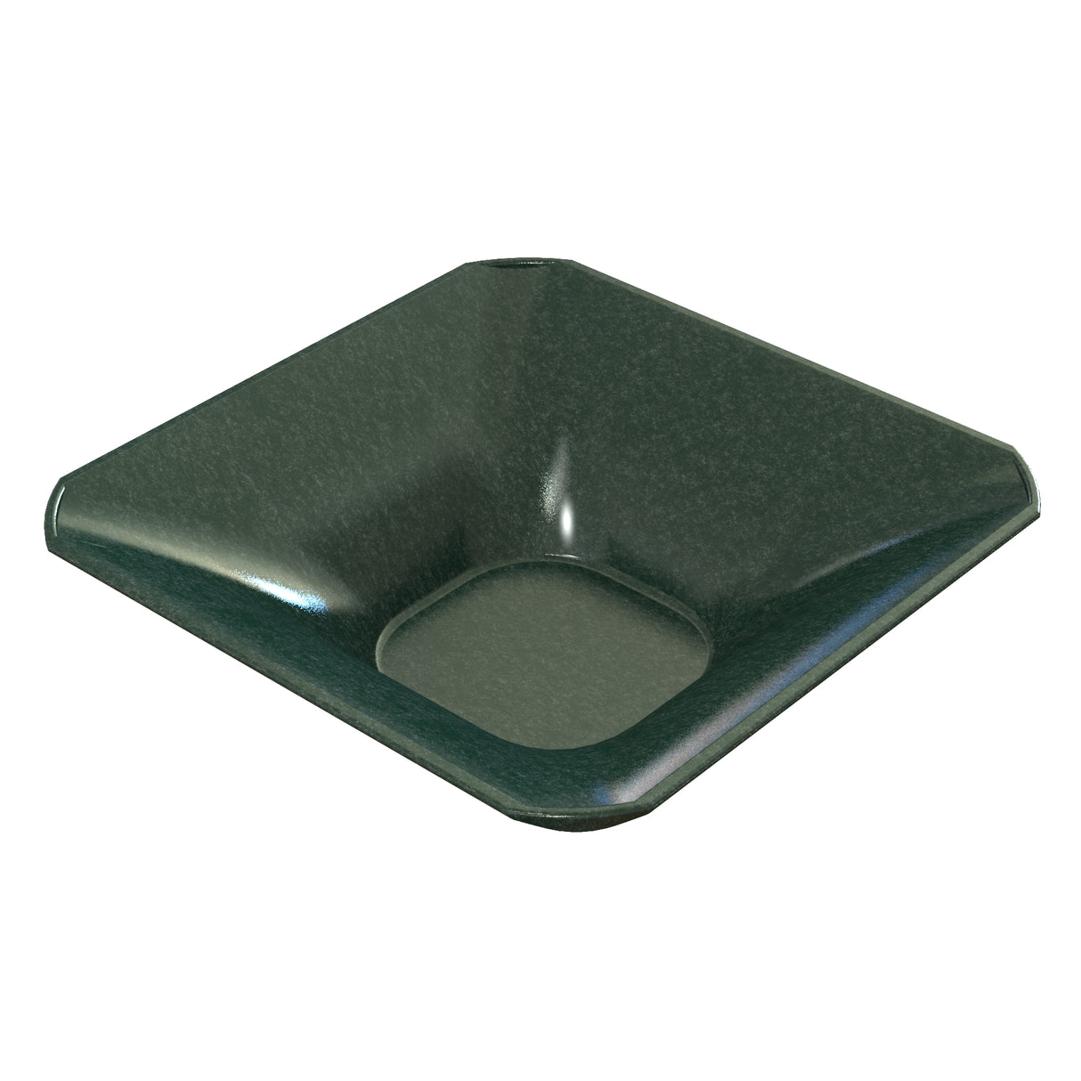 A dark green, square-shaped cast aluminum bowl with sloping sides and a rounded, shallow central depression. The smooth, glossy surface and softly curved edges give this dishwasher safe piece a modern, minimalist look.