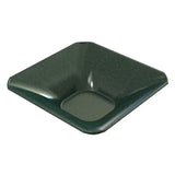 A dark green, square-shaped cast aluminum bowl with sloping sides and a rounded, shallow central depression. The smooth, glossy surface and softly curved edges give this dishwasher safe piece a modern, minimalist look.