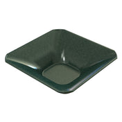 A dark green, square-shaped cast aluminum bowl with sloping sides and a rounded, shallow central depression. The smooth, glossy surface and softly curved edges give this dishwasher safe piece a modern, minimalist look.