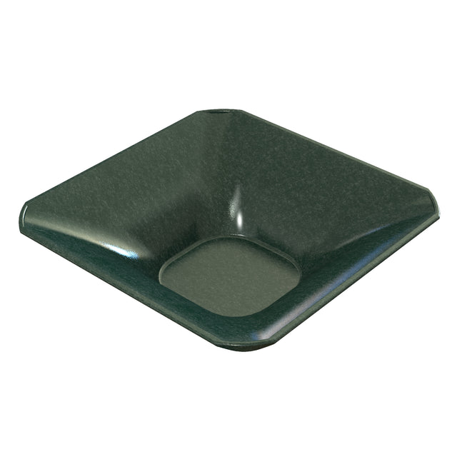A dark green, square-shaped cast aluminum bowl with sloping sides and a rounded, shallow central depression. The smooth, glossy surface and softly curved edges give this dishwasher safe piece a modern, minimalist look.