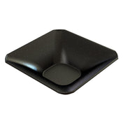 A square, black, shallow cast aluminum bowl with softly rounded edges and a glossy finish features small white speckles throughout. Dishwasher safe, it has an interior that slopes gently toward a central, slightly deeper area.