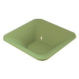 A square-shaped, light green cast aluminum bowl with rounded corners and gently sloping sides, viewed from a slightly elevated angle against a white background. The bowl has a smooth, glossy surface and is dishwasher safe with a flat base.