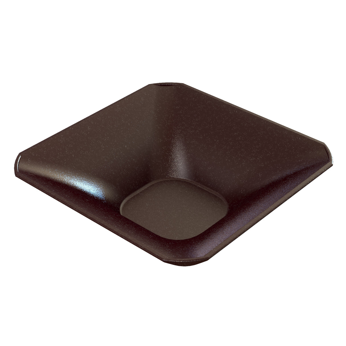 A dark brown, square-shaped Duracoat coated cast aluminum bowl with curved, upward-sloping sides and a recessed center. This dishwasher safe bowl features a smooth, glossy finish, subtle speckles, modern minimalist design, and softly rounded corners.