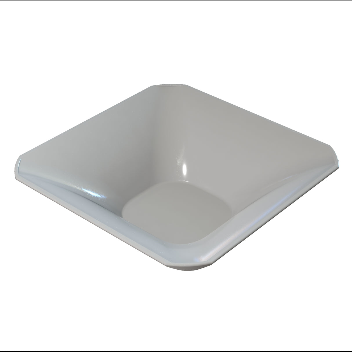 A square, deep, white NSF bowl with gently sloping sides and rounded corners, viewed from a slight angle above. The bowl has a smooth, glossy surface and a modern, minimalist design.