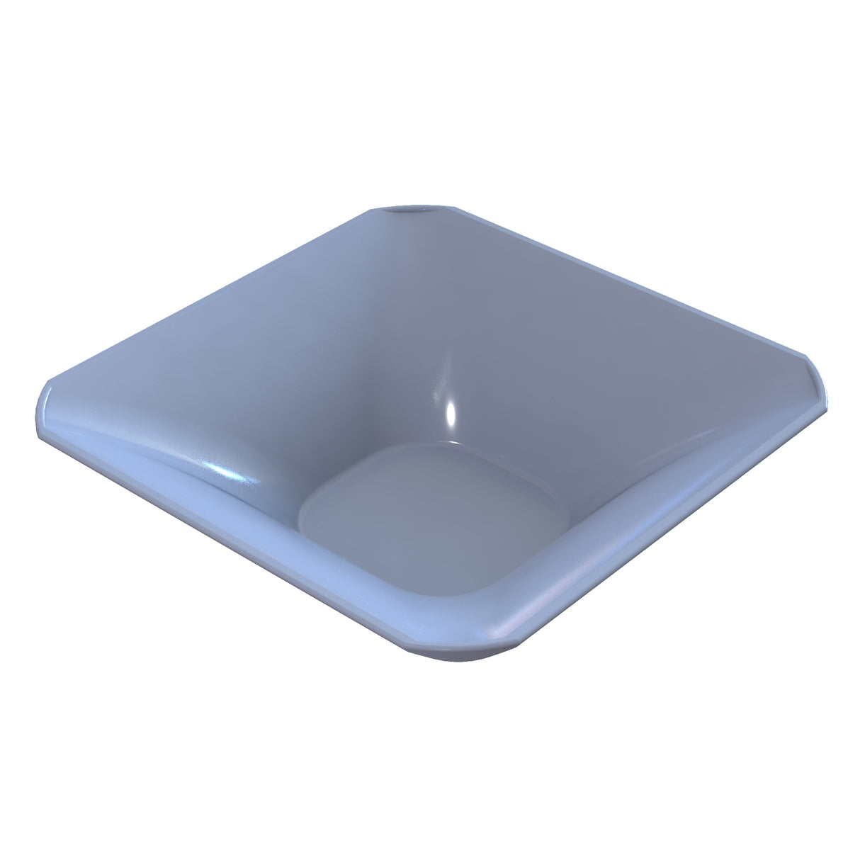 A square, light gray, modern cast aluminum bowl sink with sloped sides and rounded edges, seen from an angle against a white background. The glossy surface and small circular drain hole in one corner add to its sleek appeal.