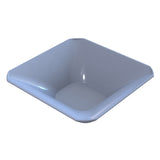 A square, light gray, modern cast aluminum bowl sink with sloped sides and rounded edges, seen from an angle against a white background. The glossy surface and small circular drain hole in one corner add to its sleek appeal.