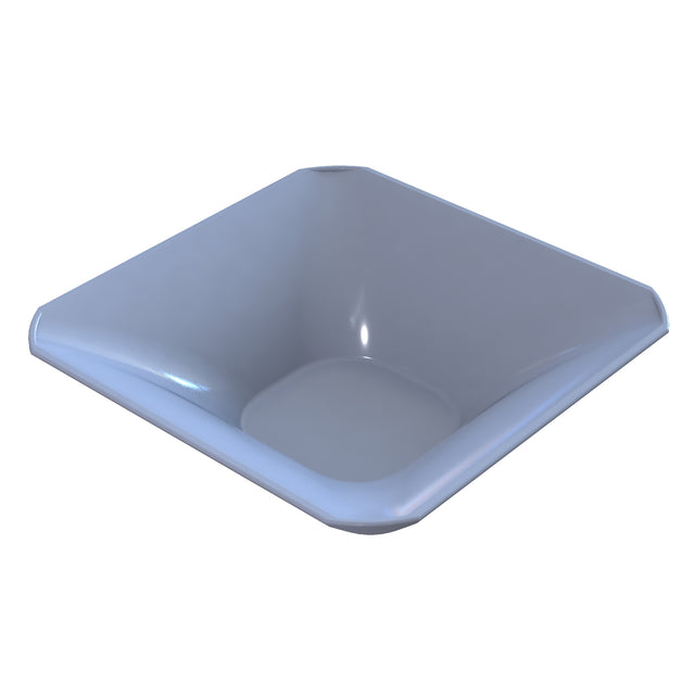 A square, light gray, modern cast aluminum bowl sink with sloped sides and rounded edges, seen from an angle against a white background. The glossy surface and small circular drain hole in one corner add to its sleek appeal.