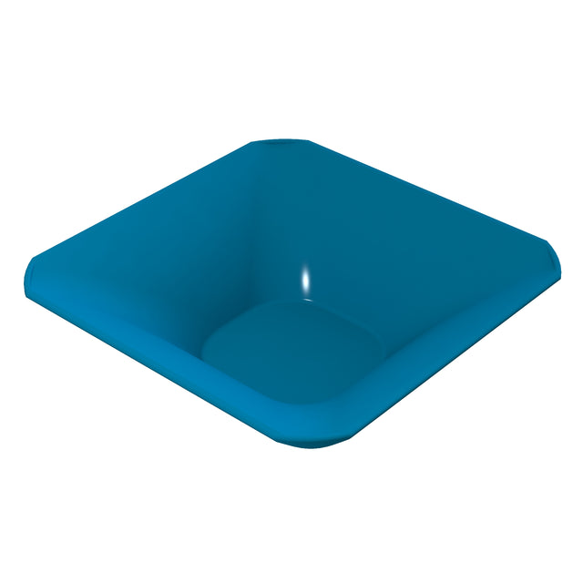 A digital rendering of a square, deep blue cast aluminum bowl with rounded edges and smooth sides. The empty bowl is shown against a plain white background, highlighting its clean lines, glossy surface, and NSF dishwasher safe design.