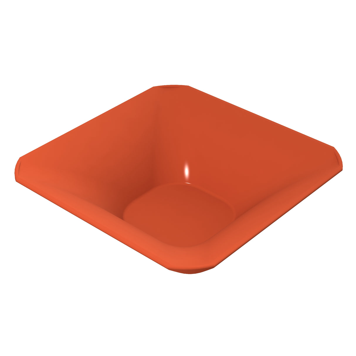 A square, shallow, orange plastic tray with slightly raised, rounded edges and a smooth surface, shown on a white background. This modern tray is both stylish and practical—perfect as a dishwasher safe bowl for easy cleanup.