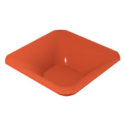 A square, shallow, orange plastic tray with slightly raised, rounded edges and a smooth surface, shown on a white background. This modern tray is both stylish and practical—perfect as a dishwasher safe bowl for easy cleanup.