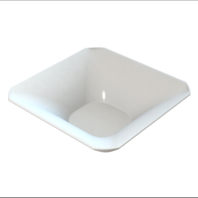 A white, square-shaped cast aluminum bowl with rounded corners and smooth, gently sloped sides sits on a white background. The bowl is empty, clean, and its glossy surface reflects a bit of light.