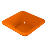 A square, orange plastic cold holding bowl with rounded edges and a smooth, glossy surface. The bowl is empty and viewed from a slightly elevated angle, highlighting its depth and wide rim. The background is plain white.