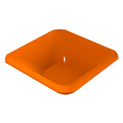 A square, orange plastic cold holding bowl with rounded edges and a smooth, glossy surface. The bowl is empty and viewed from a slightly elevated angle, highlighting its depth and wide rim. The background is plain white.