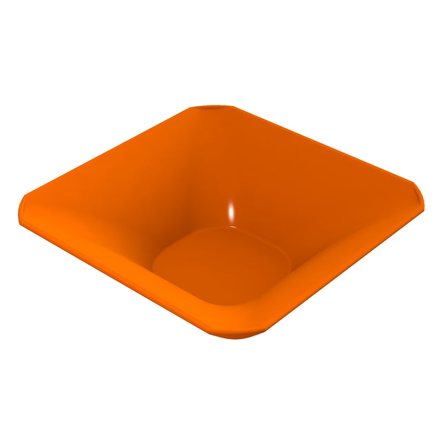 A square, orange plastic cold holding bowl with rounded edges and a smooth, glossy surface. The bowl is empty and viewed from a slightly elevated angle, highlighting its depth and wide rim. The background is plain white.