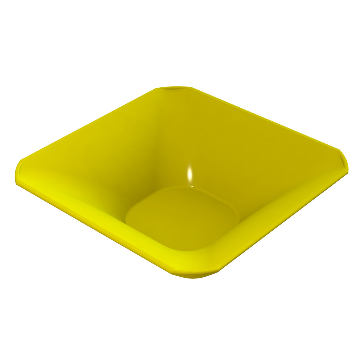 A square, yellow plastic cold holding bowl with smooth, rounded edges and slightly sloped sides, shown on a white background. The glossy surface and small highlight inside indicate it is clean and empty.