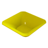 A square, yellow plastic cold holding bowl with smooth, rounded edges and slightly sloped sides, shown on a white background. The glossy surface and small highlight inside indicate it is clean and empty.
